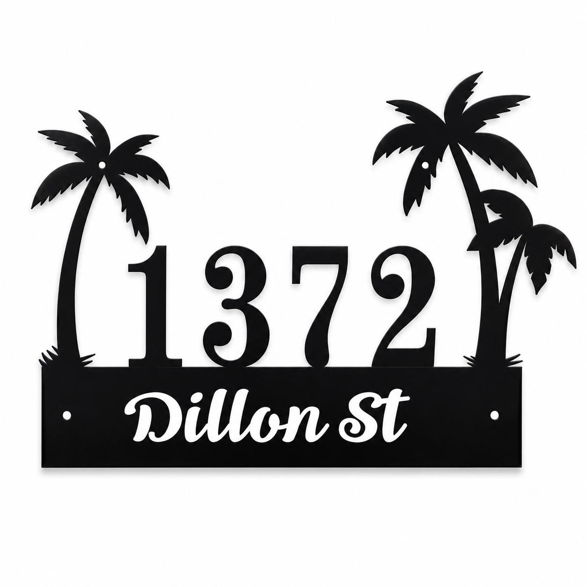 Personalized tropical palm tree metal address sign with custom house number 1372 and street name Dillon St, black powder-coated steel on a white background.