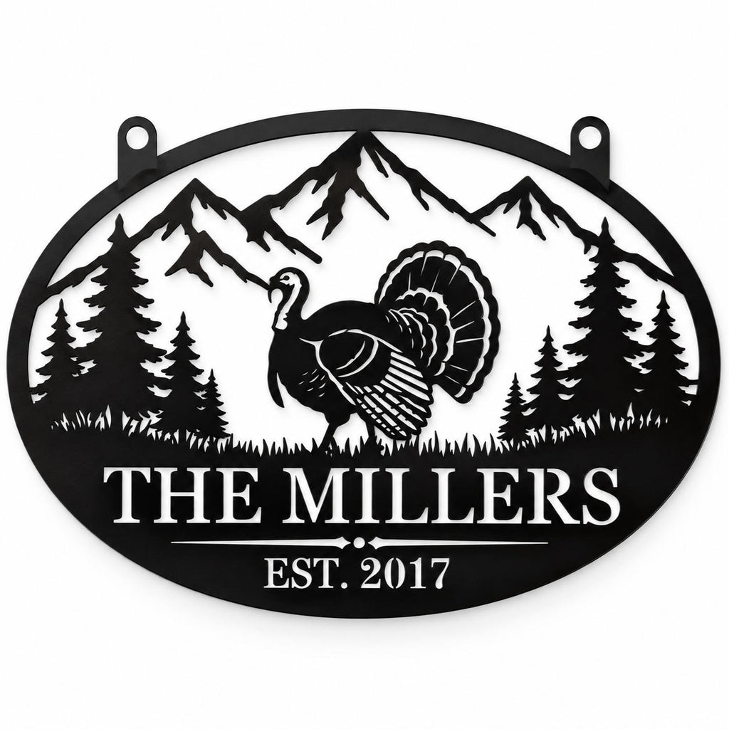 Personalized turkey family metal sign with mountain and pine tree design, custom family name and established year.