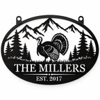 Personalized turkey family metal sign with mountain and pine tree design, custom family name and established year.