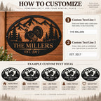 Customization guide for a personalized turkey metal sign showing custom text lines for family names, cabin names, farm names and special dates.