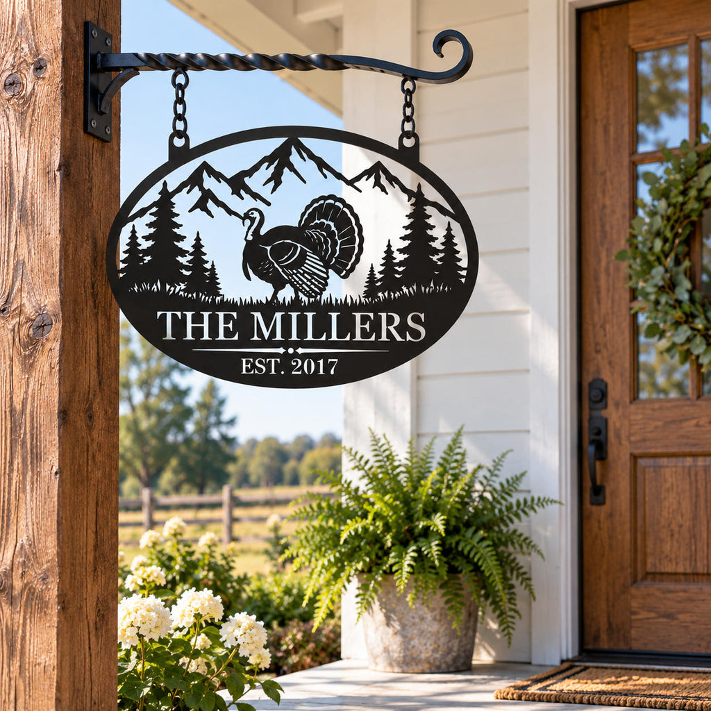 Personalized turkey family metal sign hanging on a rustic farmhouse porch with custom name and established year.