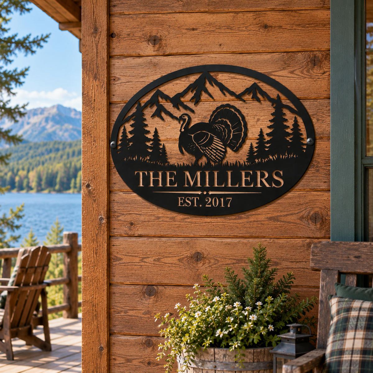 Personalized turkey family metal sign mounted on a rustic lakeside cabin with mountain and woodland surroundings.