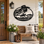 Personalized Savannah Western cowgirl metal sign displayed on a rustic American ranch house porch.
