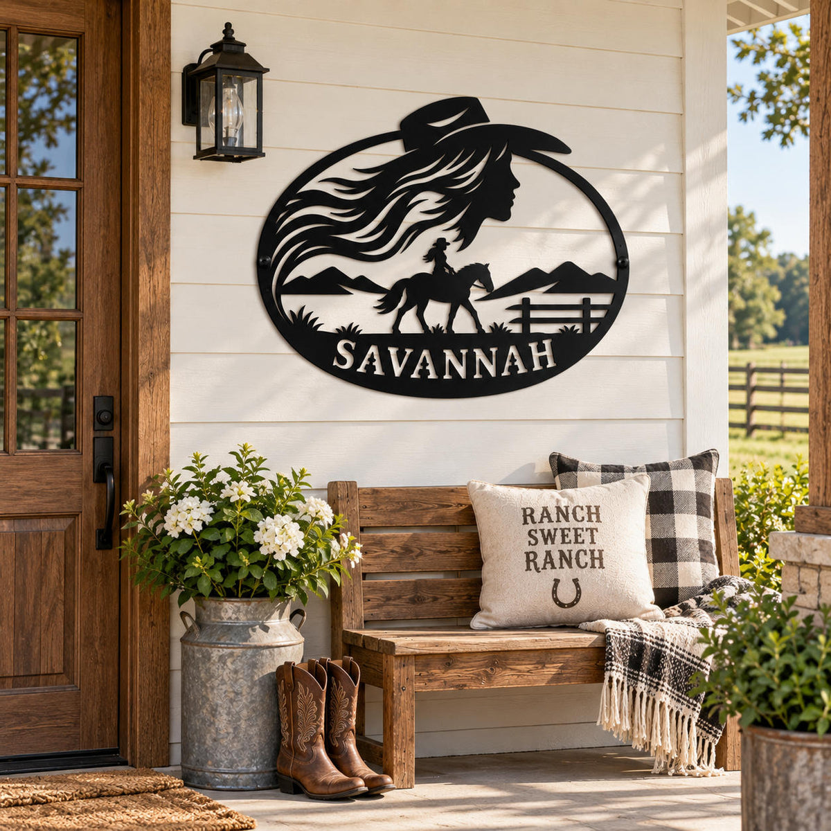 Personalized Savannah Western cowgirl metal sign displayed on a rustic American ranch house porch.