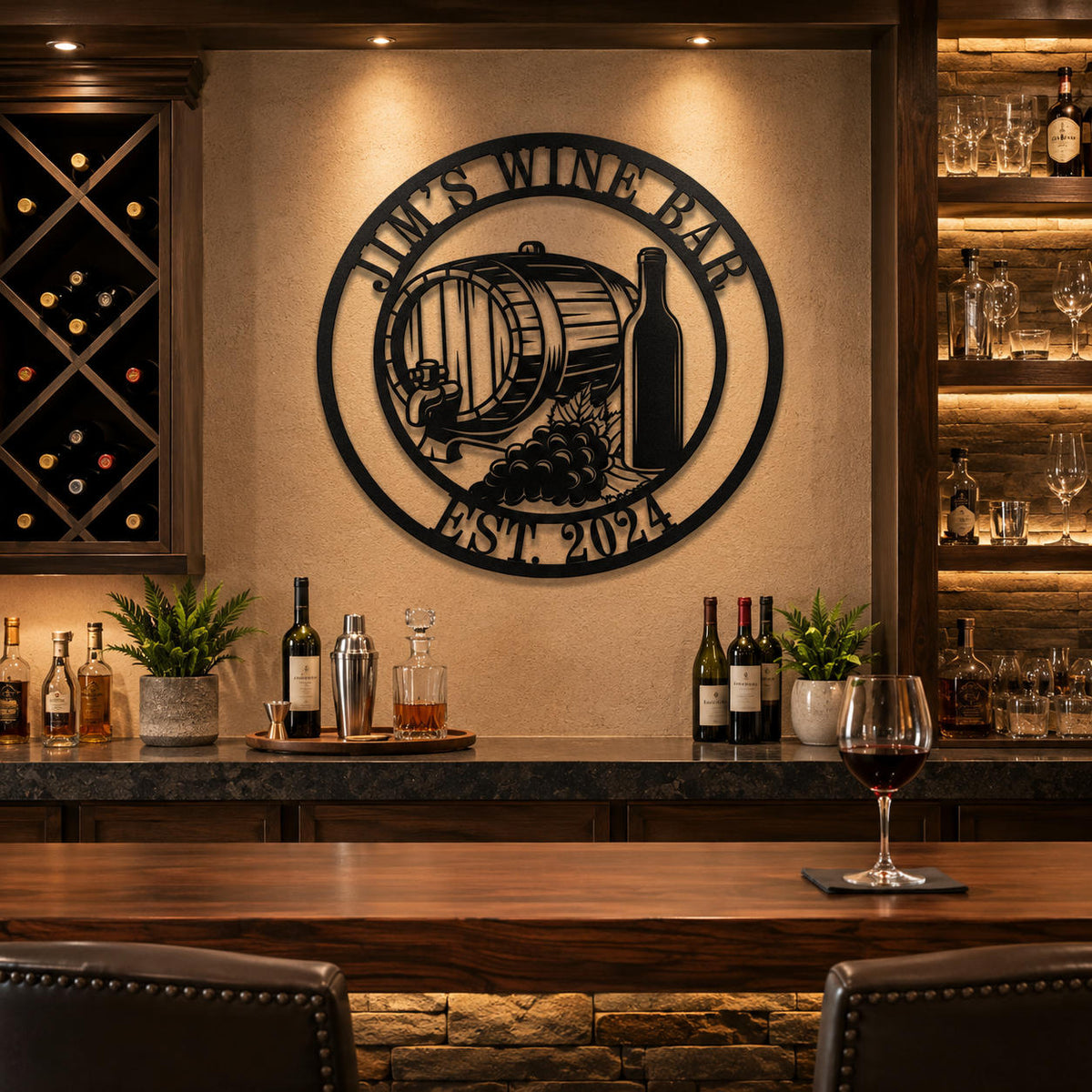 Personalized Jim's Wine Bar metal sign displayed above a rustic home bar with warm lighting and wine storage.