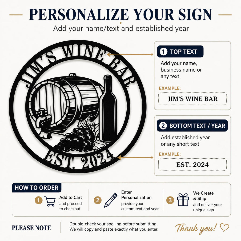Personalization guide showing where to enter custom wine bar name text and established year for the round metal sign.
