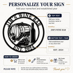Personalization guide showing where to enter custom wine bar name text and established year for the round metal sign.
