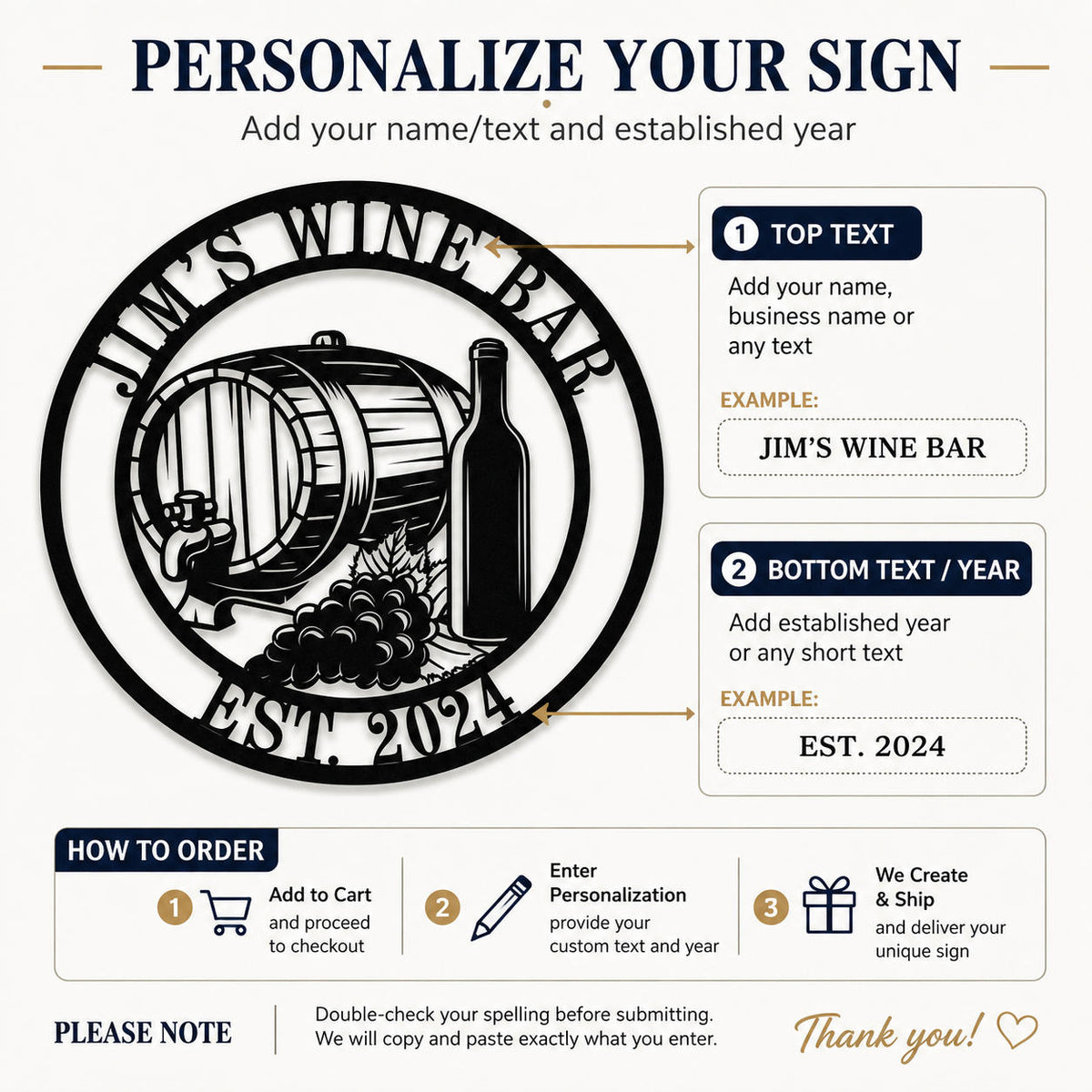 Personalization guide showing where to enter custom wine bar name text and established year for the round metal sign.