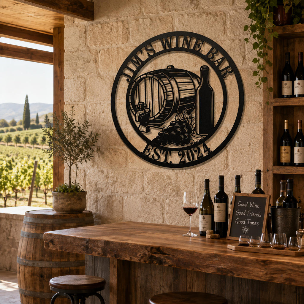 Custom wine bar metal sign mounted above a rustic outdoor patio bar with warm lighting and greenery.