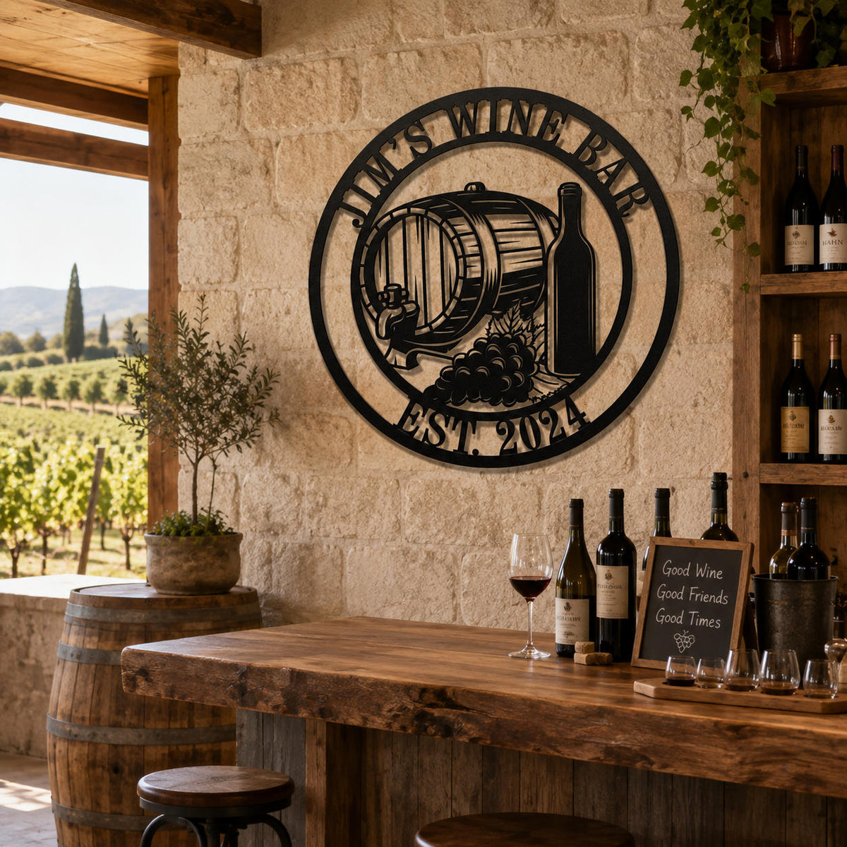 Custom wine bar metal sign mounted above a rustic outdoor patio bar with warm lighting and greenery.