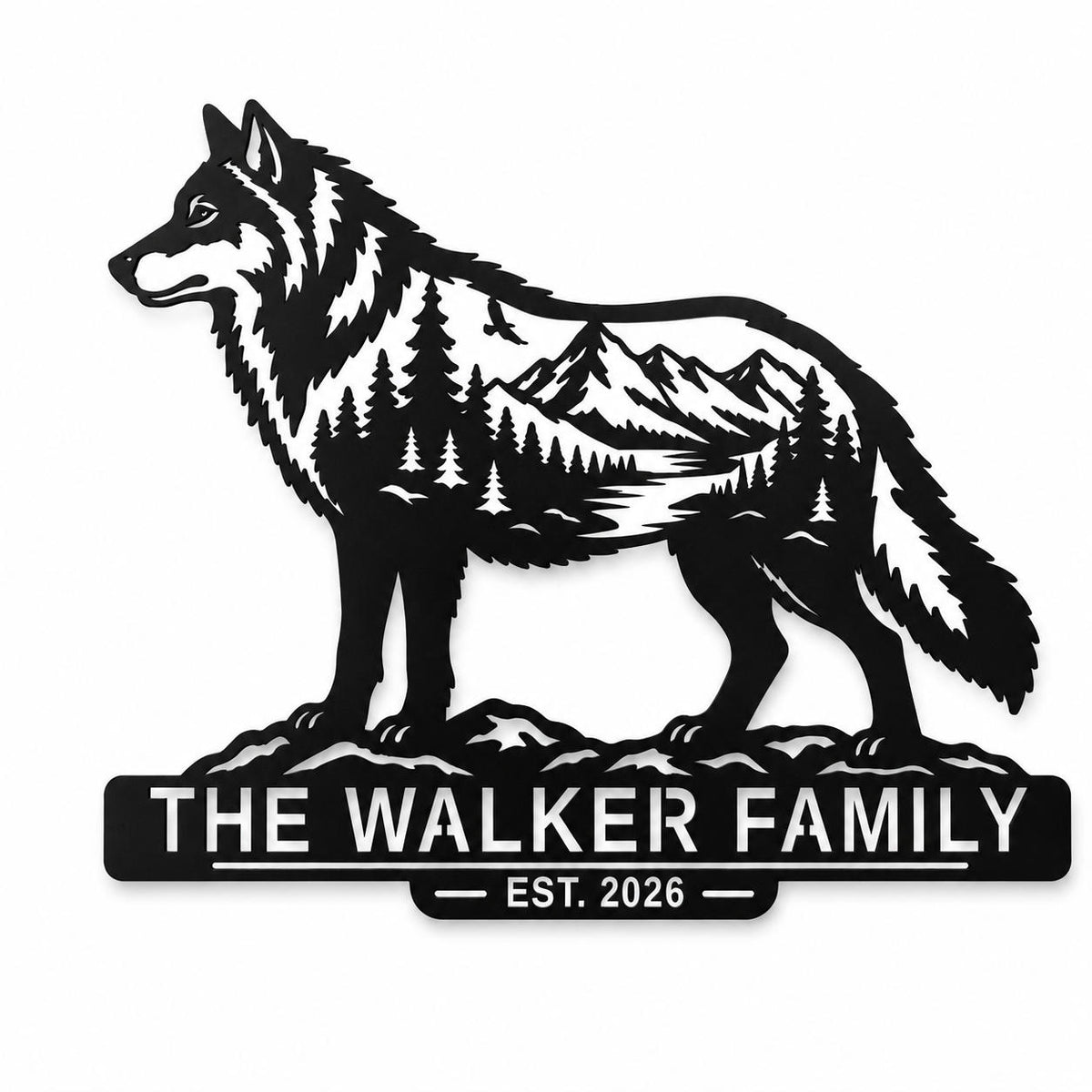 Personalized wolf family metal sign with custom name and mountain forest design. Main image