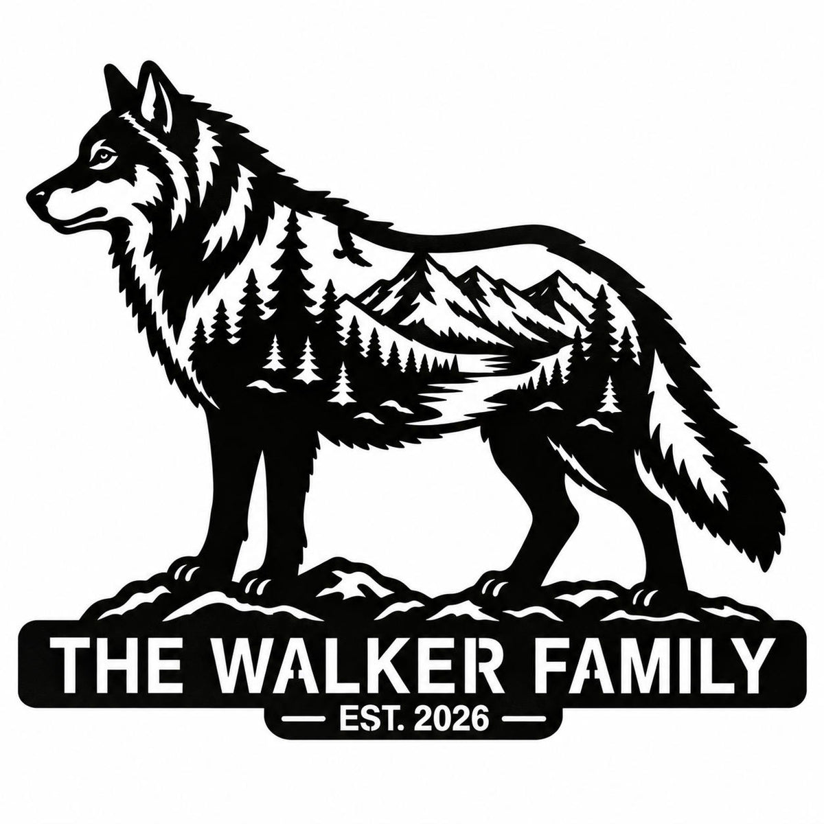 Personalized wolf family metal sign featuring a mountain and pine forest design with custom family name and established year. Main image