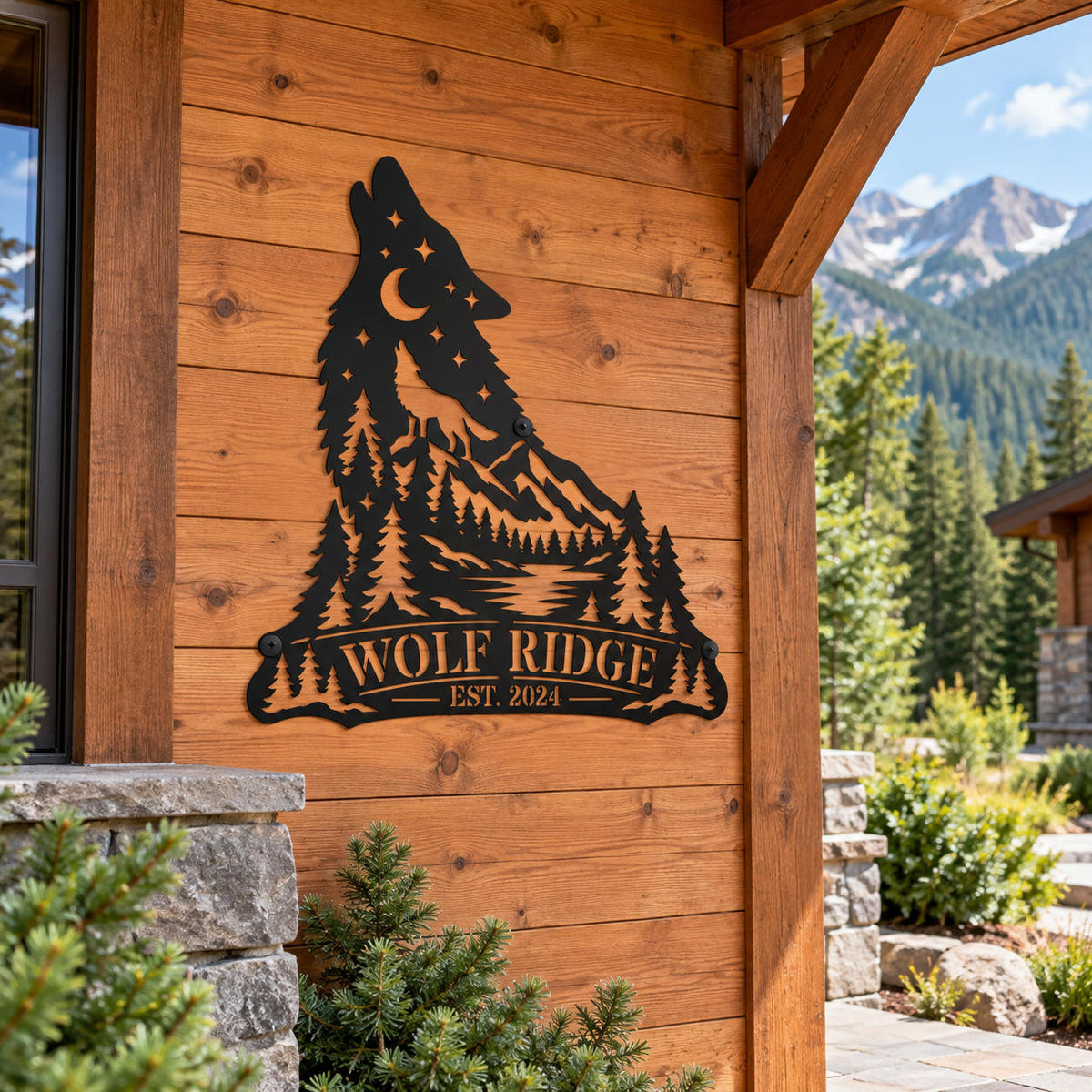 Personalized howling wolf metal sign mounted on a rustic mountain cabin exterior wall.