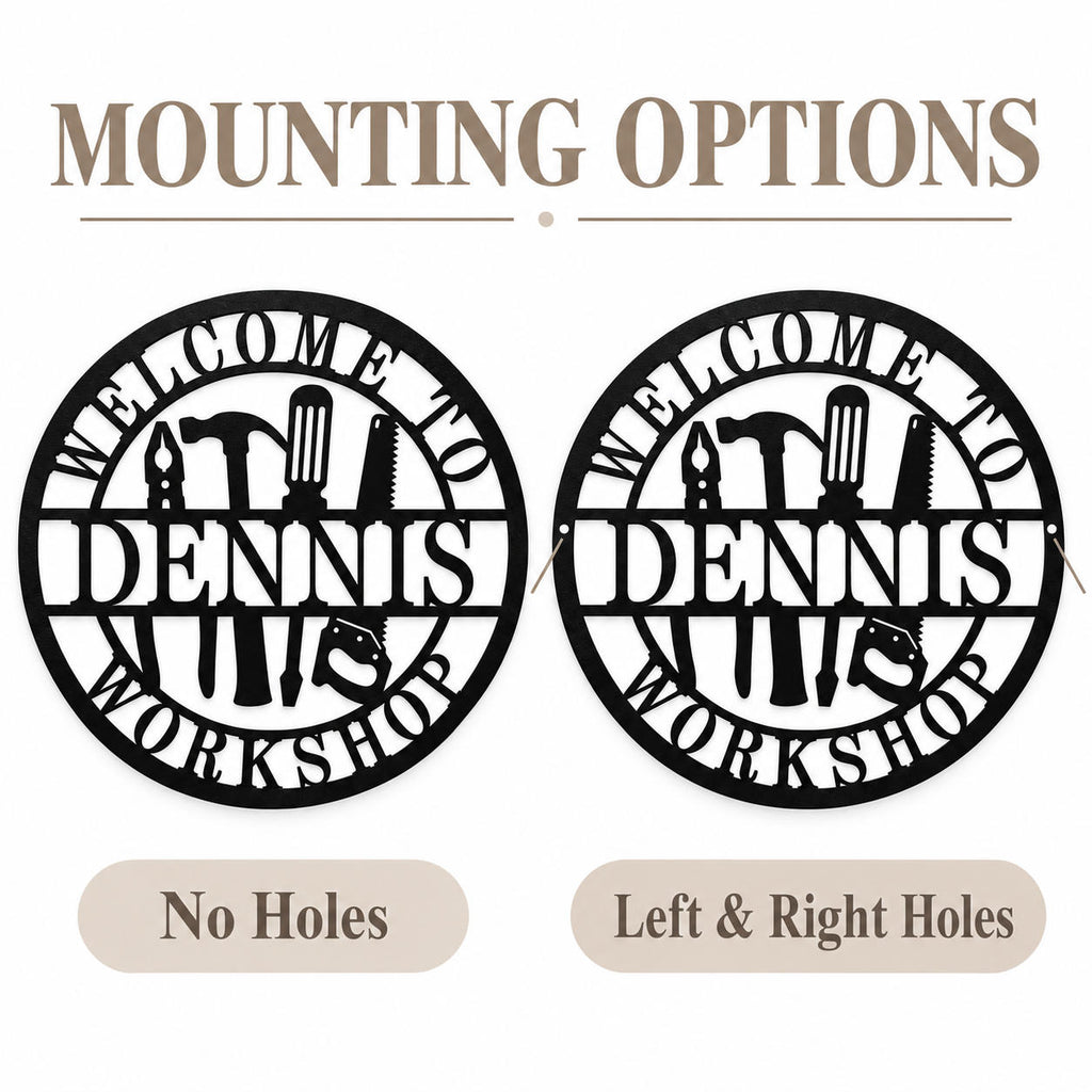 Round workshop metal sign mounting options showing no holes and small left and right holes within the circular rim.