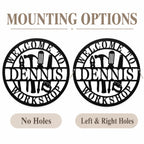 Round workshop metal sign mounting options showing no holes and small left and right holes within the circular rim.