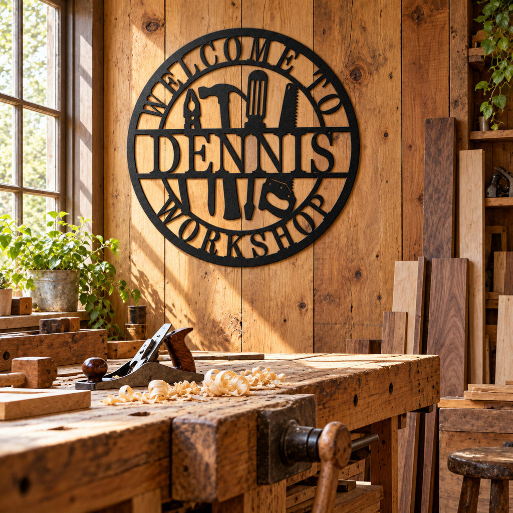 Black Dennis workshop sign on a timber wall in a sunlit woodworking studio with a hand plane, wood shavings, and stacked lumber.
