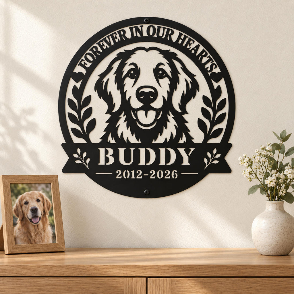 Personalized golden retriever memorial metal sign on an ivory wall above an oak cabinet, with a framed dog photo and white flowers.