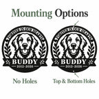 Pet memorial metal sign mounting options comparing no holes with two mounting holes at the top and bottom.