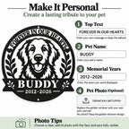 Pet memorial sign personalization guide showing custom top text, pet name, memorial years, and optional pet photo upload.