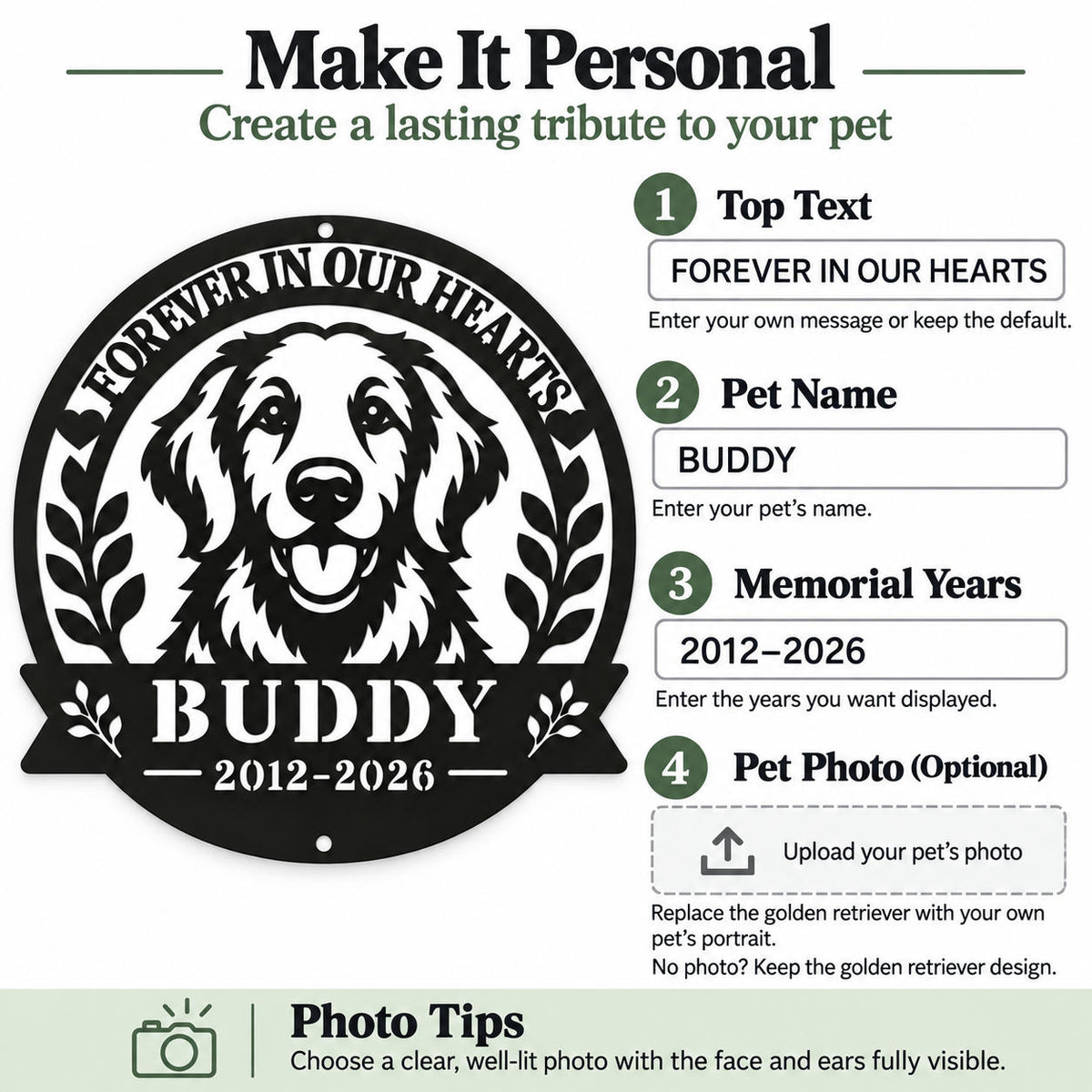 Pet memorial sign personalization guide showing custom top text, pet name, memorial years, and optional pet photo upload.