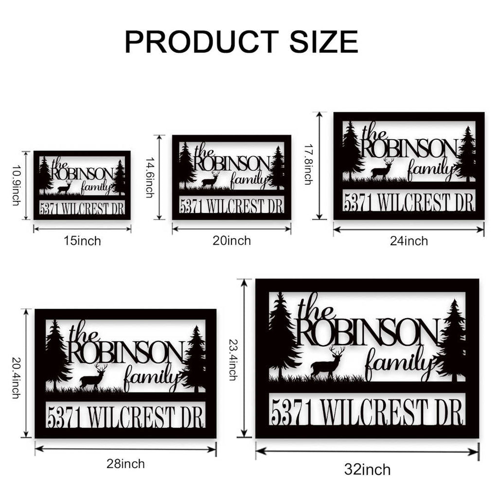 Custom laser-cut metal forest address sign with deer silhouette, pine trees, and personalized family name and house number, powder-coated for outdoor use.