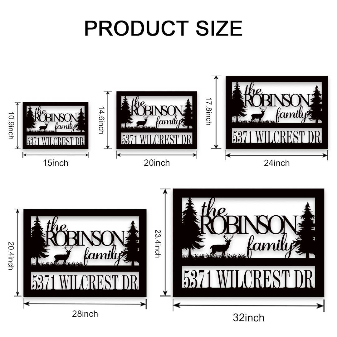 Custom laser-cut metal forest address sign with deer silhouette, pine trees, and personalized family name and house number, powder-coated for outdoor use.
