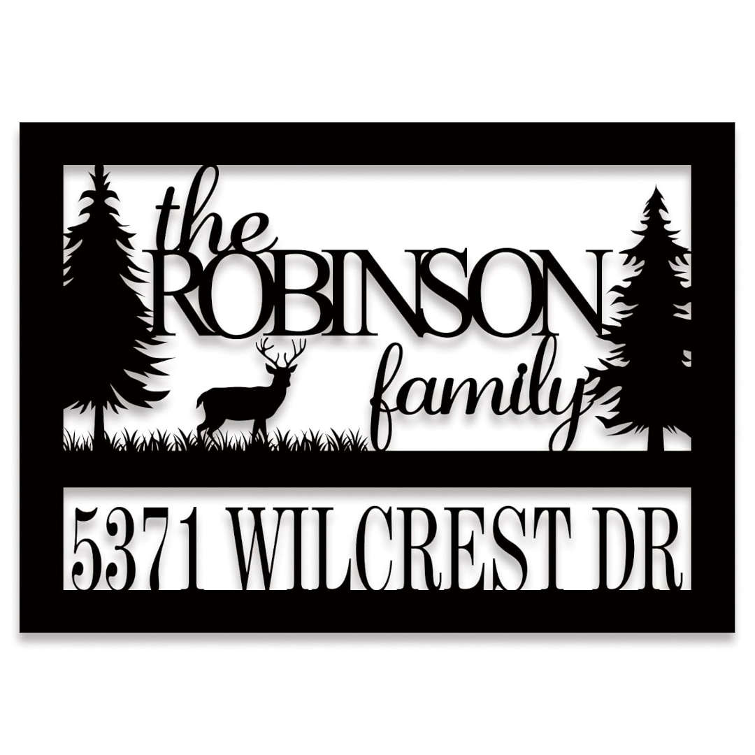 Custom laser-cut metal forest address sign with deer silhouette, pine trees, and personalized family name and house number, powder-coated for outdoor use. Main image