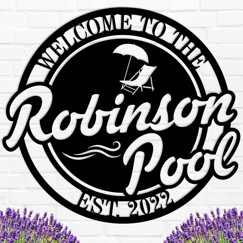 Custom metal pool sign with personalized family name and year — outdoor welcome decor for poolside.