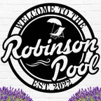 Custom metal pool sign with personalized family name and year — outdoor welcome decor for poolside.