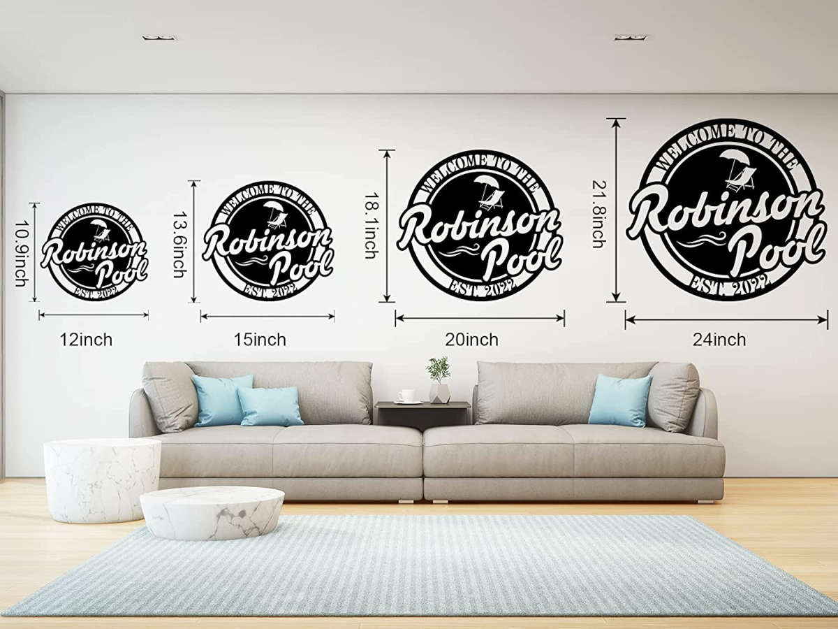 Custom metal pool sign with personalized family name and year — outdoor welcome decor for poolside.