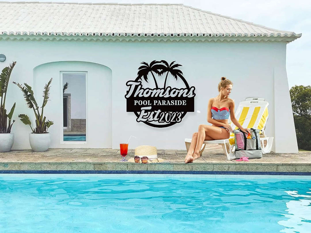 Custom Poolside Metal Sign with palm tree design, personalized family name and year, laser-cut steel outdoor décor