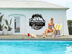 Custom Poolside Metal Sign with palm tree design, personalized family name and year, laser-cut steel outdoor décor