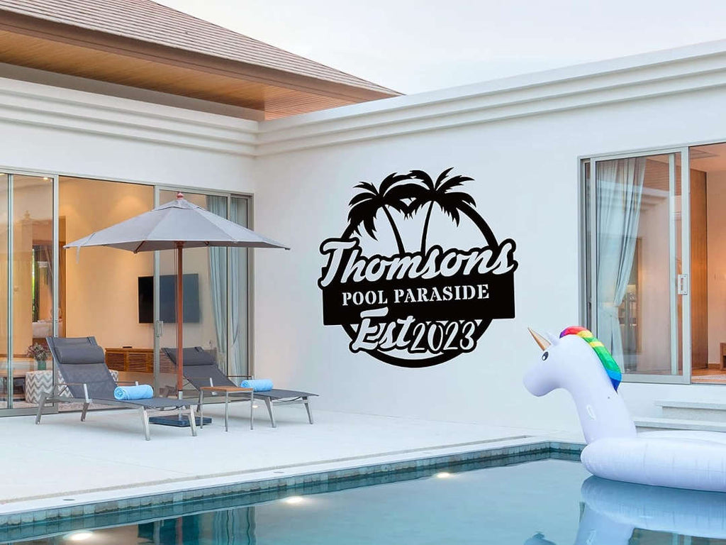 Custom Poolside Metal Sign with palm tree design, personalized family name and year, laser-cut steel outdoor décor