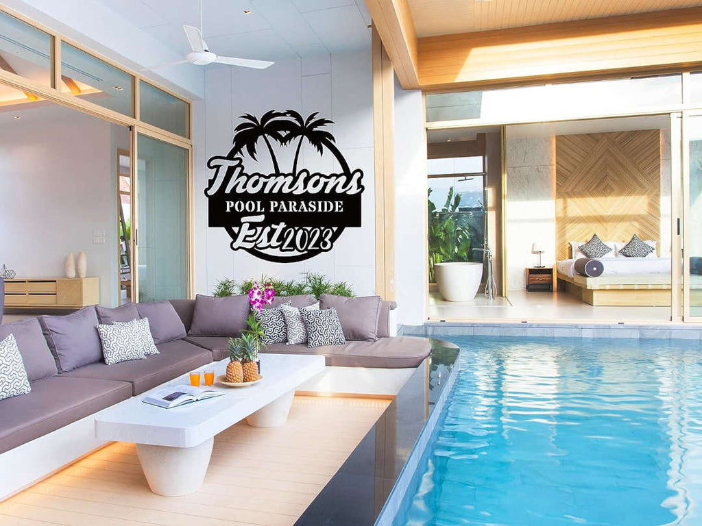 Custom Poolside Metal Sign with palm tree design, personalized family name and year, laser-cut steel outdoor décor