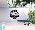 Custom Poolside Metal Sign with palm tree design, personalized family name and year, laser-cut steel outdoor décor
