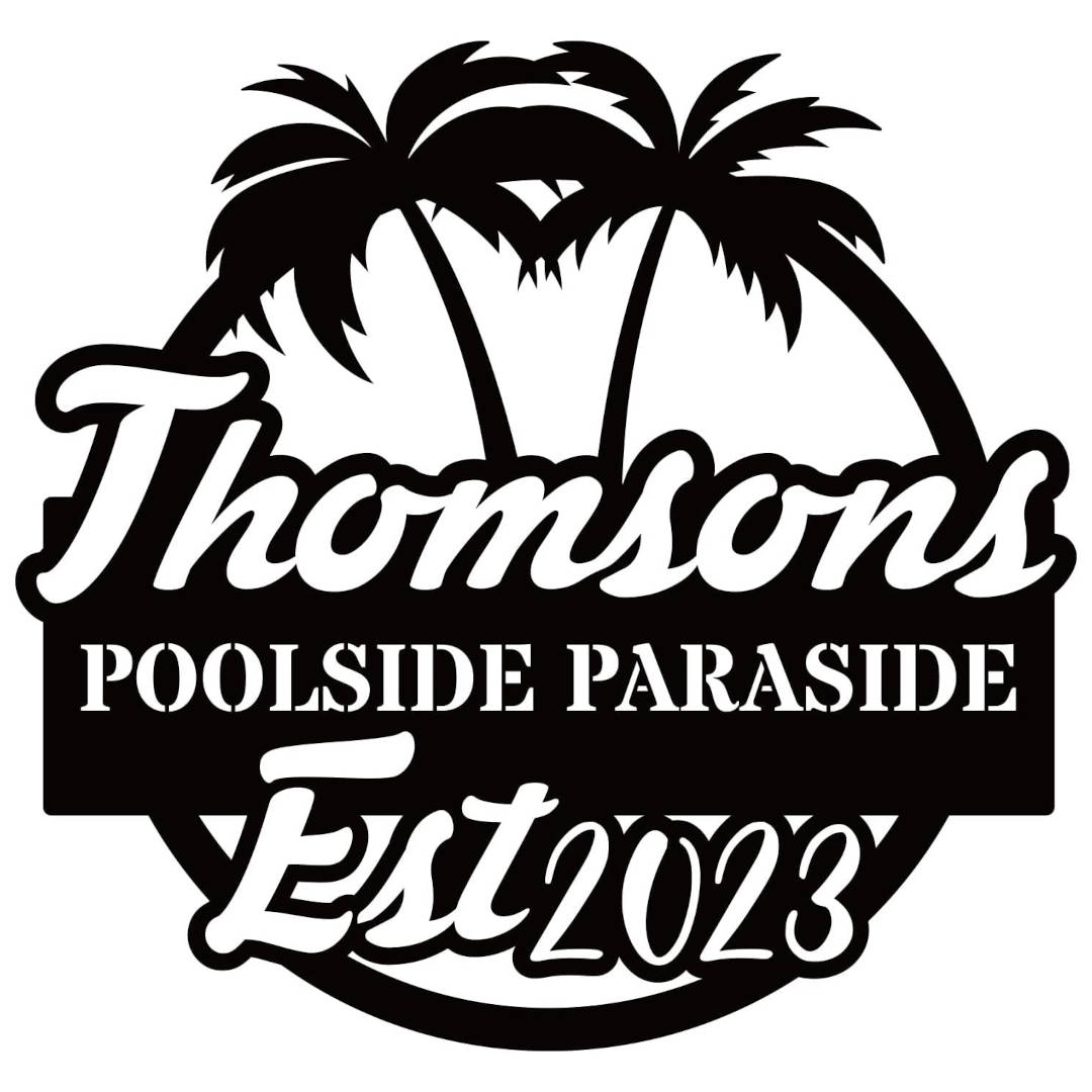 Custom Poolside Metal Sign with palm tree design, personalized family name and year, laser-cut steel outdoor décor Main image