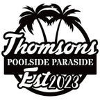 Custom Poolside Metal Sign with palm tree design, personalized family name and year, laser-cut steel outdoor décor