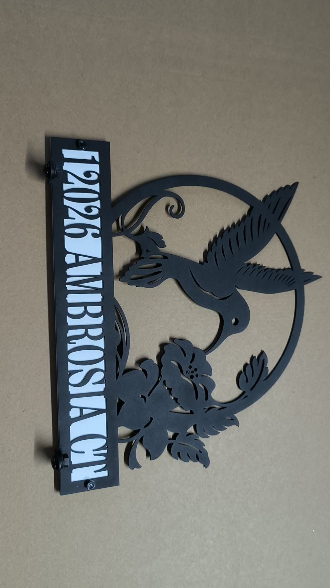 Custom metal mailbox topper with hummingbird and flower design, personalized house address sign for front yard décor