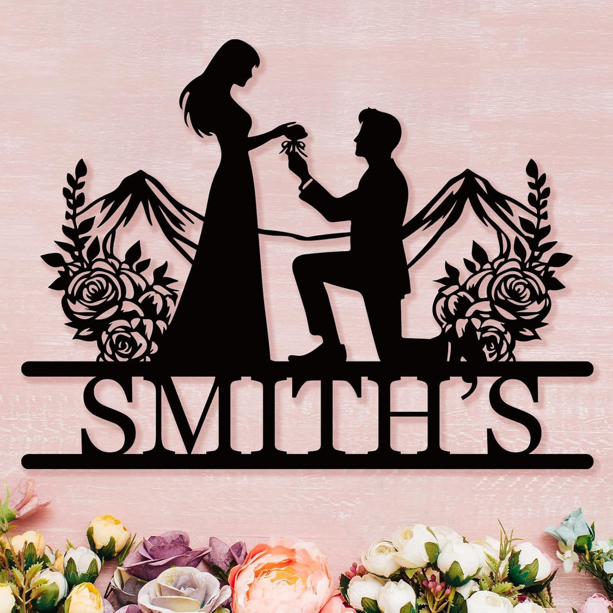 Custom romantic metal proposal sign with man on one knee and personalized last name Main image