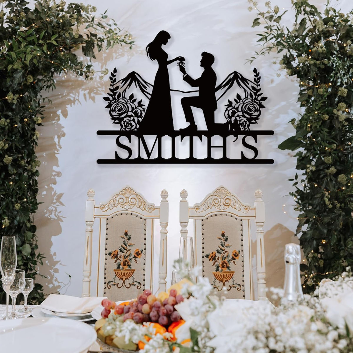 Custom romantic metal proposal sign with man on one knee and personalized last name