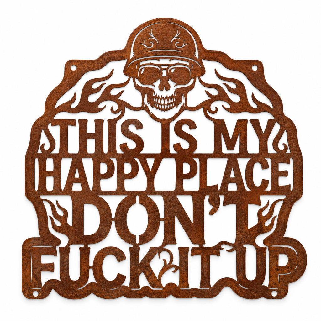 Custom rusted corten steel biker skull metal sign with personalized text, motorcycle garage wall decor