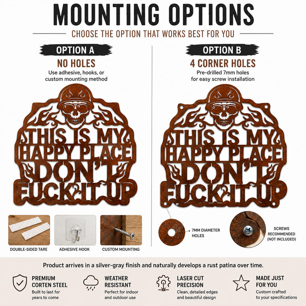 Personalized corten steel biker sign customization guide showing size options and custom text instructions
