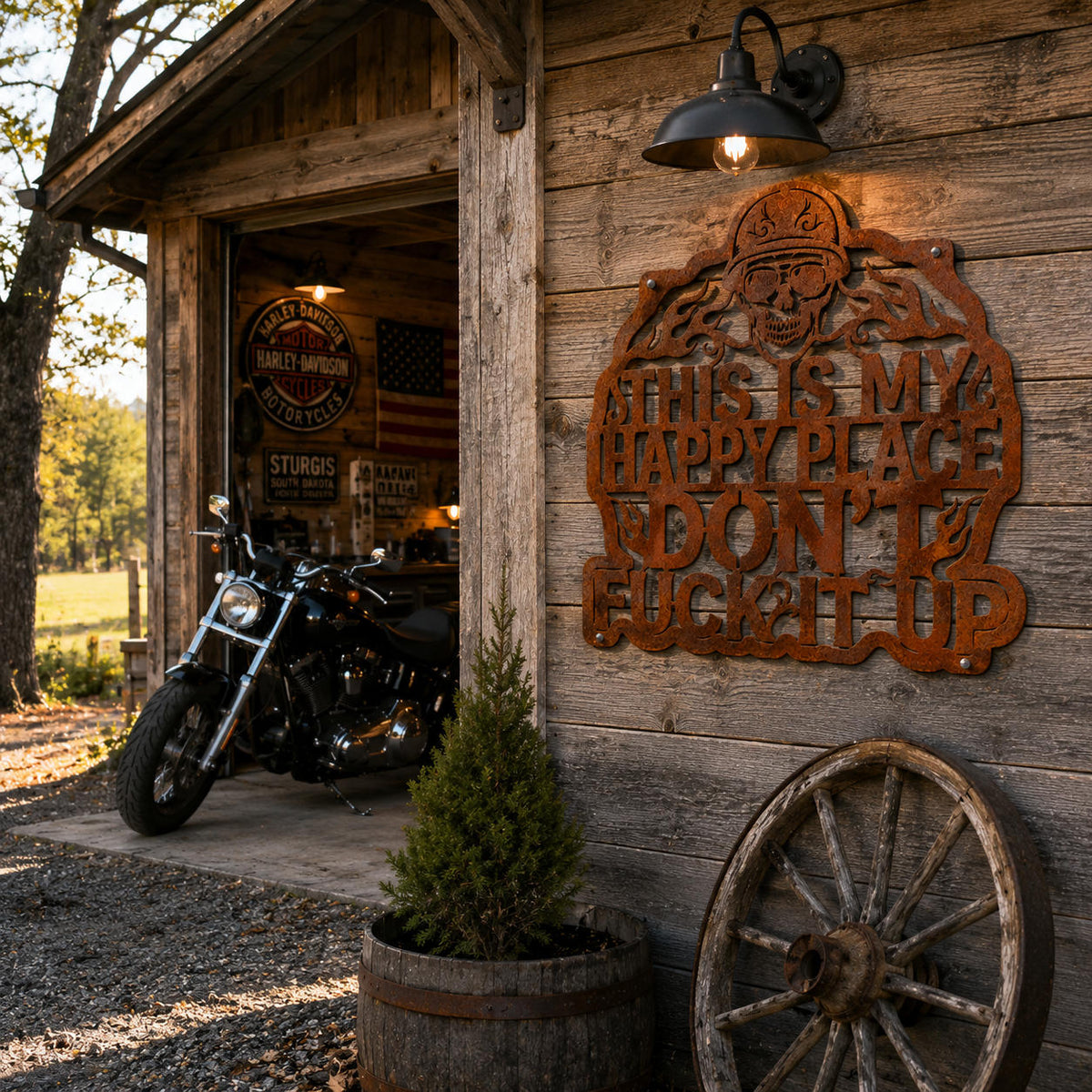 Rusted corten steel biker skull sign mounted on a motorcycle garage wall with rustic outdoor decor