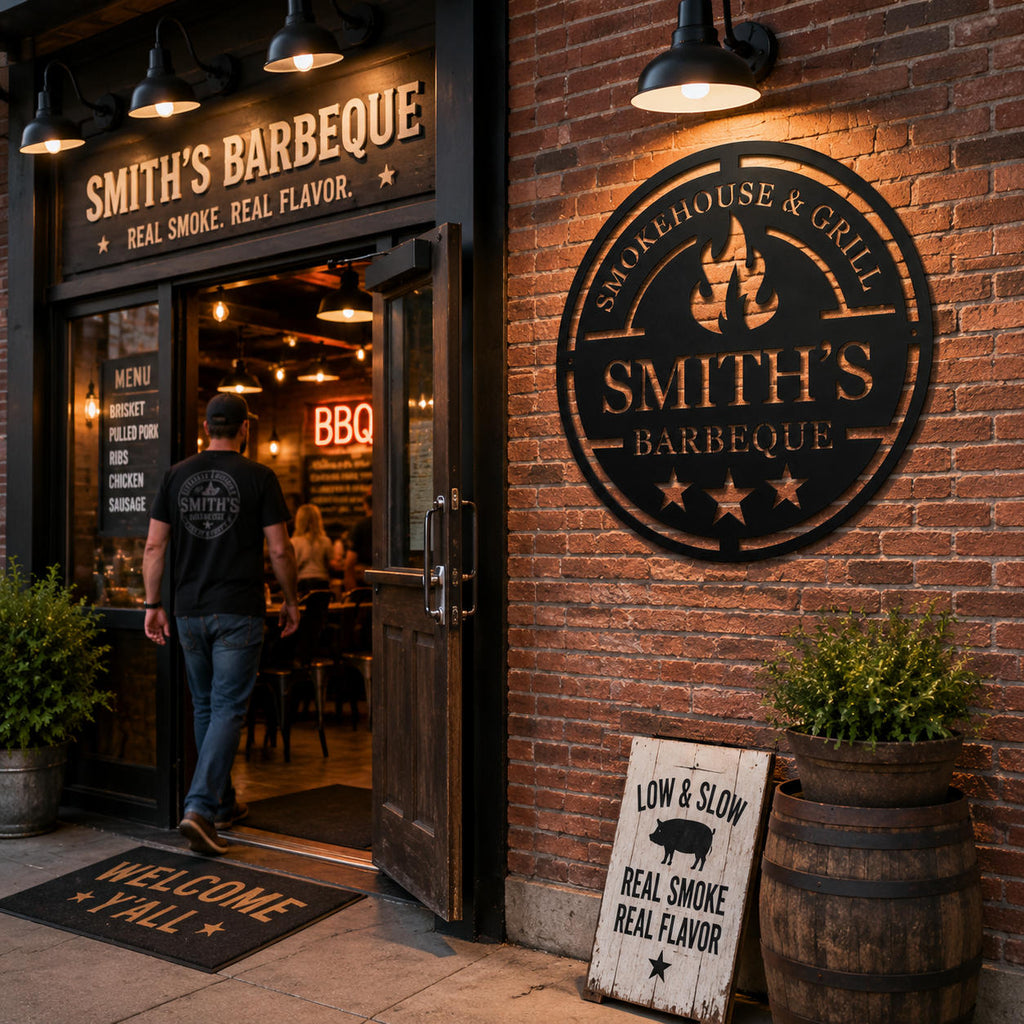 Custom Smokehouse & Grill metal sign installed at a barbecue restaurant entrance with brick wall.
