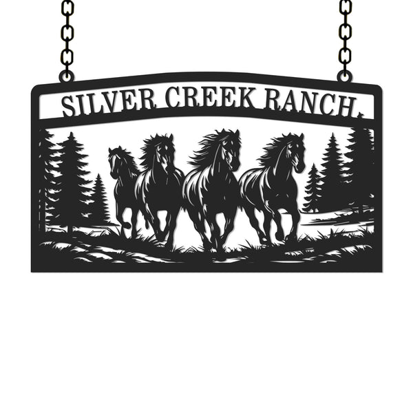 Custom running horses metal sign with pine trees and personalized ranch name for outdoor wall dec