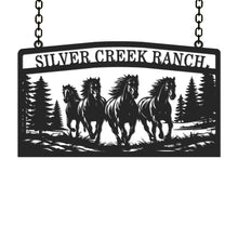Custom running horses metal sign with pine trees and personalized ranch name for outdoor wall dec