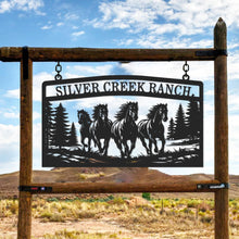 Custom running horses metal sign with pine trees and personalized ranch name for outdoor wall dec