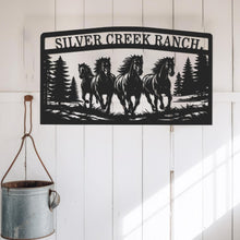 Custom running horses metal sign with pine trees and personalized ranch name for outdoor wall dec