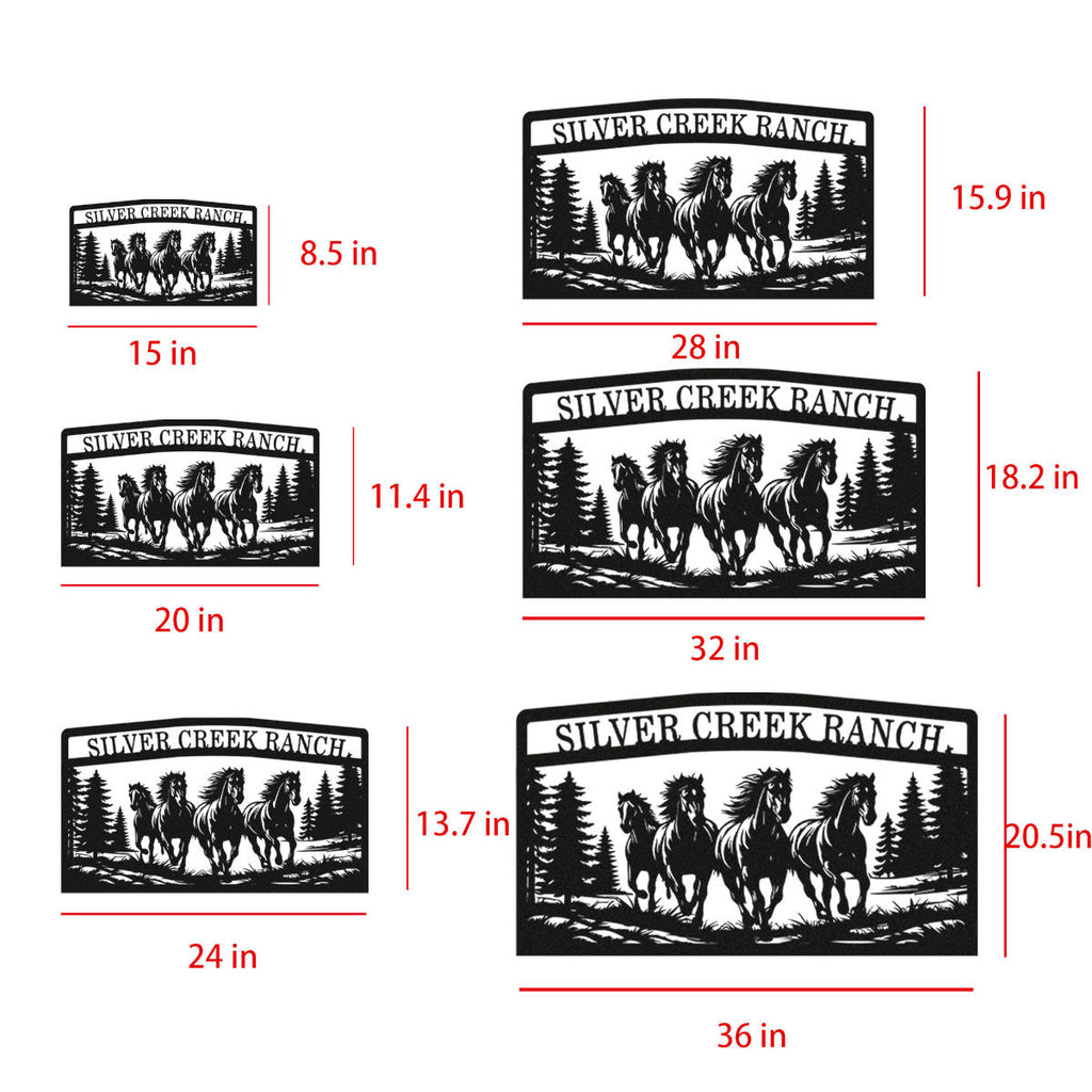 Custom running horses metal sign with pine trees and personalized ranch name for outdoor wall dec