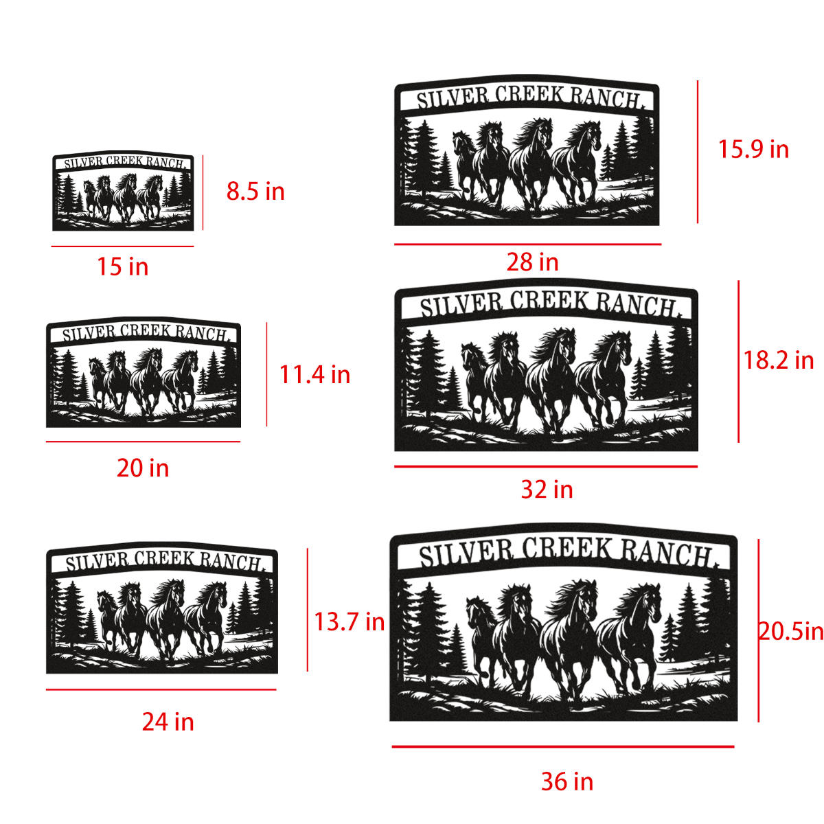 Custom running horses metal sign with pine trees and personalized ranch name for outdoor wall dec